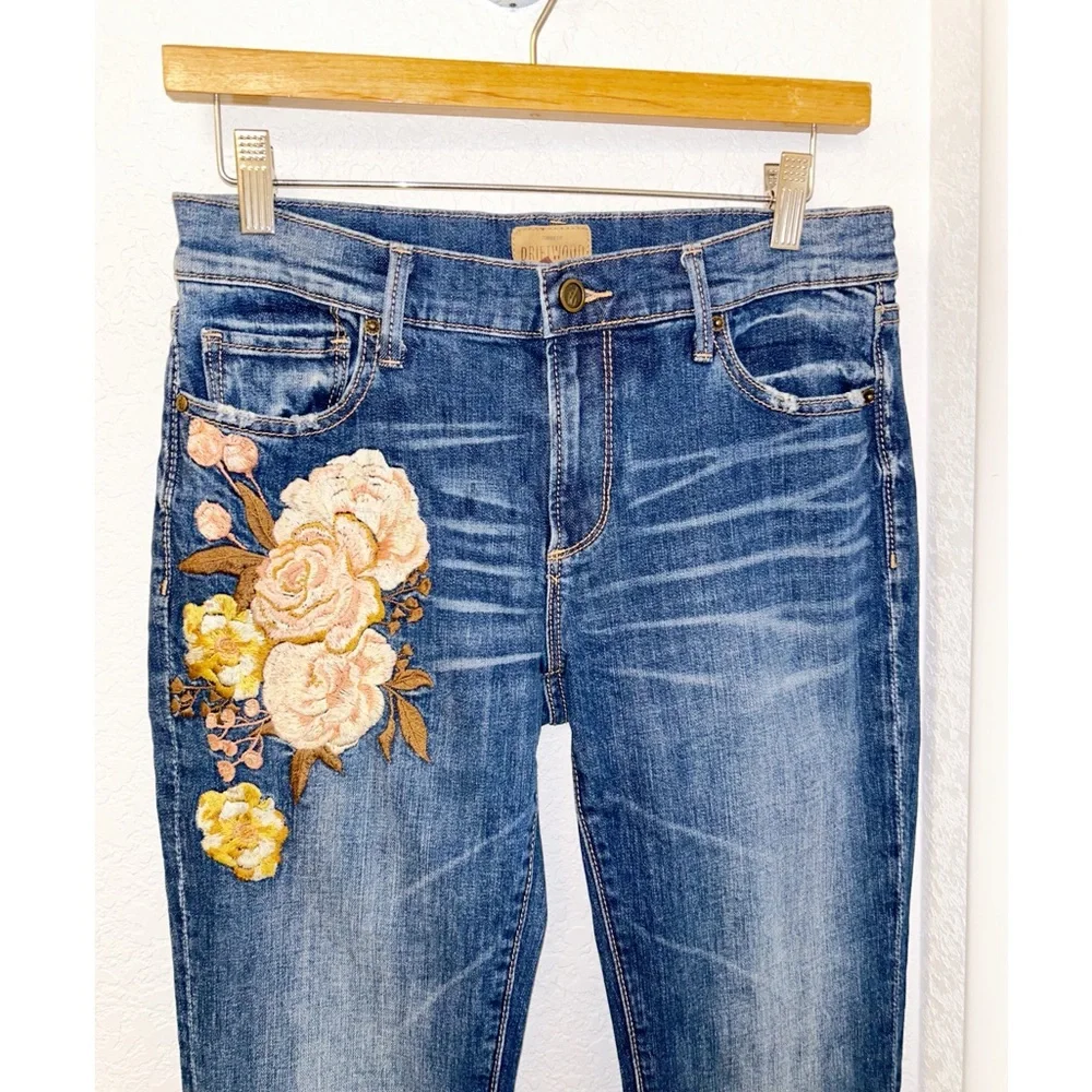 ANTHRO x DRIFTWOOD Eva Floral Embroidered Bootcut Jean Whiskering Raw hem SZ: 28 - Picture 3 of 13